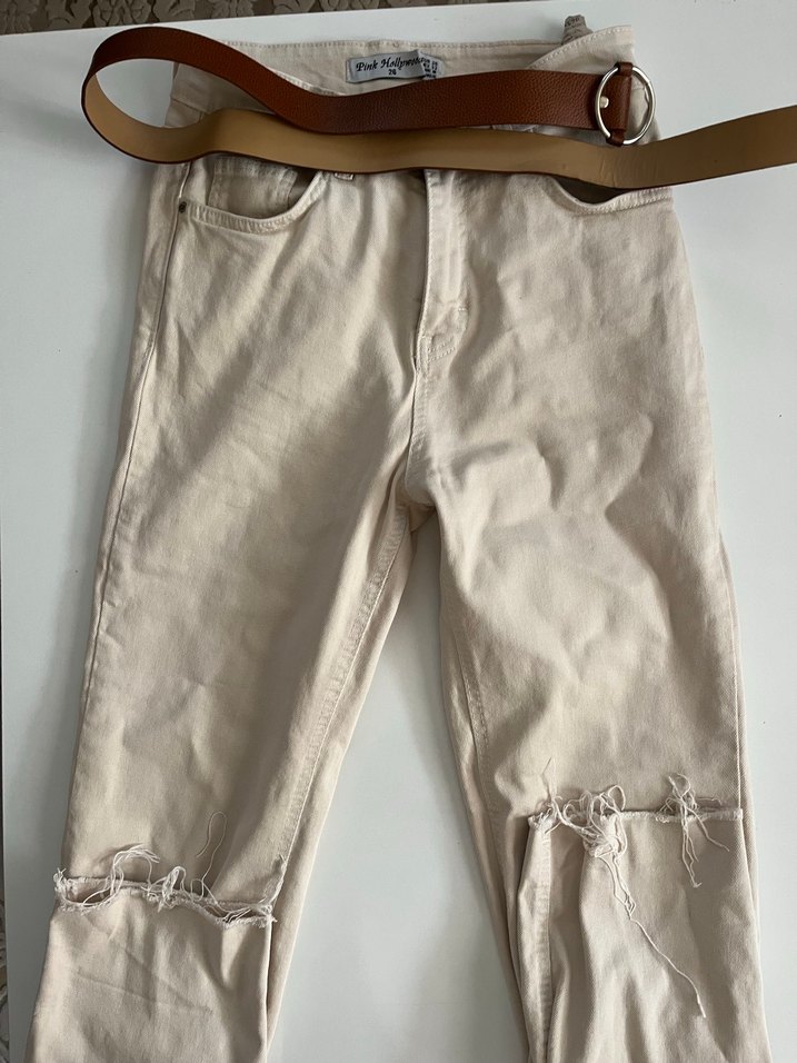 Bej Düğmeli Kadın Kot Pantolon - Görsel 3