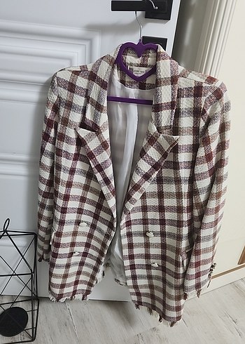 Diğer Bordo Ekose Düğmeli Kadın Blazer Ceket