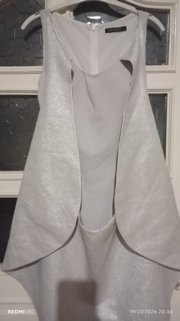 Uzun gümüş renk Drapeli Straplez Abiye Elbise - Görsel 2