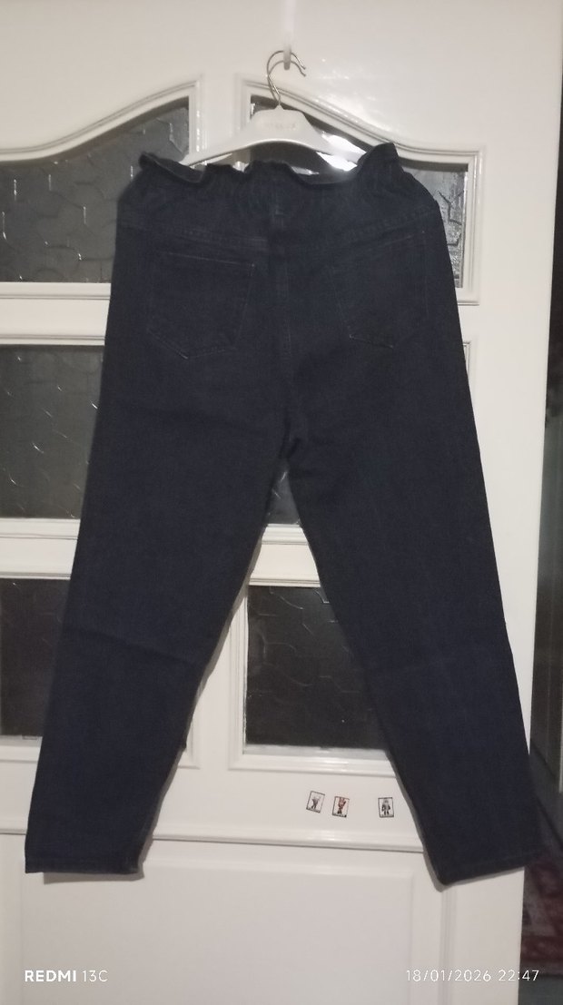 Lacivert Kadın Denim Midi Boy beli lastikli Pantolon - Görsel 2