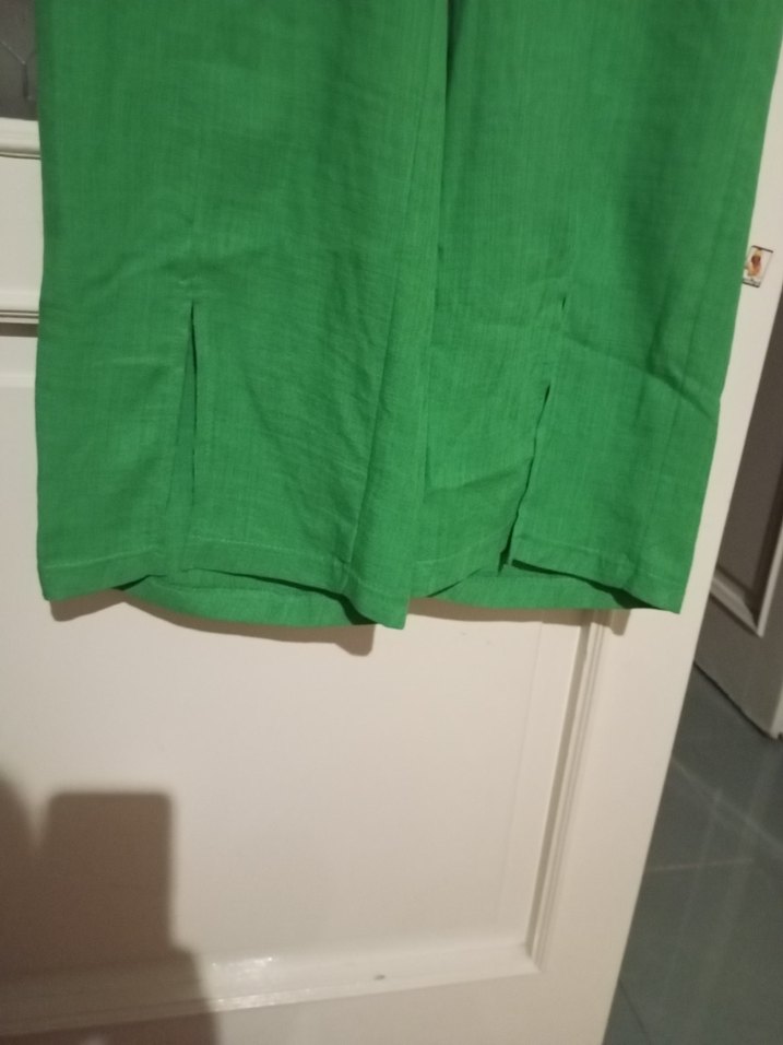 Kadın Yeşil Salaş Uzun ince keten Kumaş Pantolon - Görsel 3