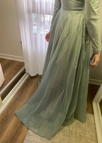 Eser Gri mint Vintage Uzun Kollu Nakışlı tesettür Abiye