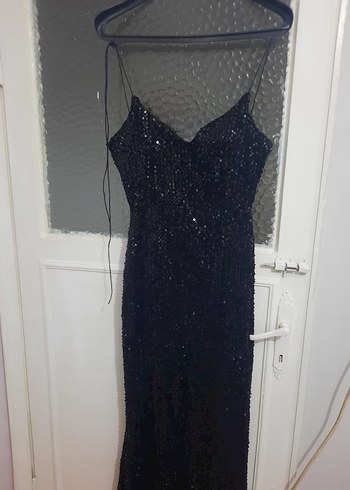 Siyah Drapeli V Yaka Uzun Abiye Elbise payetli - Görsel 2