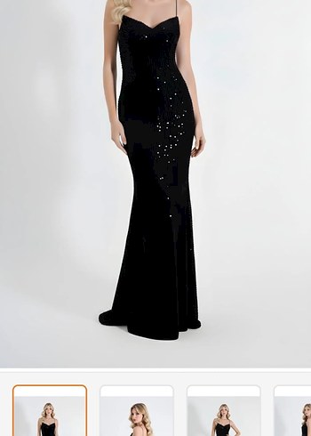 Siyah Drapeli V Yaka Uzun Abiye Elbise payetli - Görsel 3