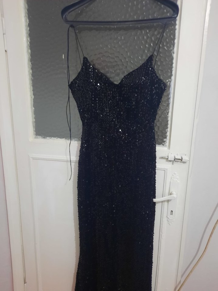 Siyah Drapeli V Yaka Uzun Abiye Elbise payetli - Görsel 2