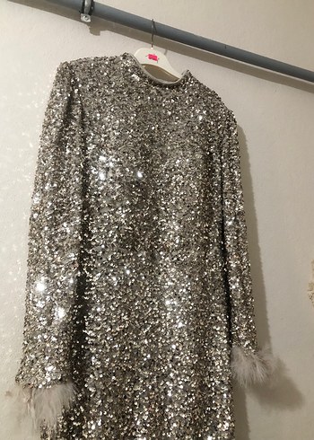 Abiye Gri  vizon tonunda Uzun Kollu Kürk Detaylı Abiye Elbise - Görsel 2