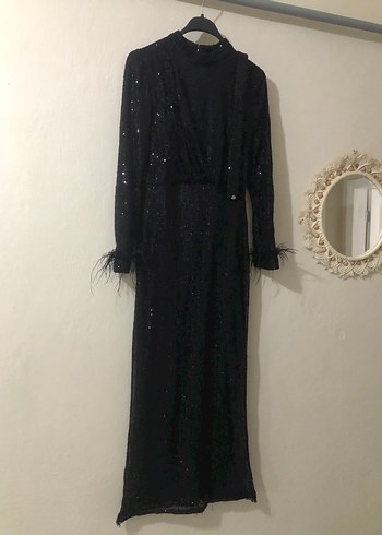 Siyah Uzun Kollu Kürklü Abiye Elbise - Görsel 2