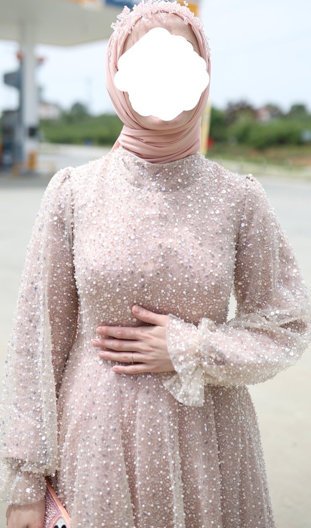 Pudra Pırıltılı Uzun Kollu Nişan Elbisesi - Görsel 2