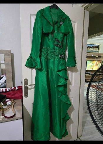 Yeşil İşlemeli Boncuklu Uzun Abiye Elbise - Görsel 2