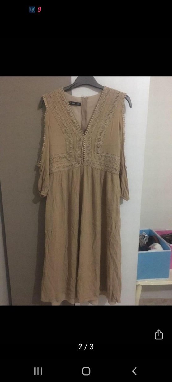 bej nakışlı elbise - Görsel 2