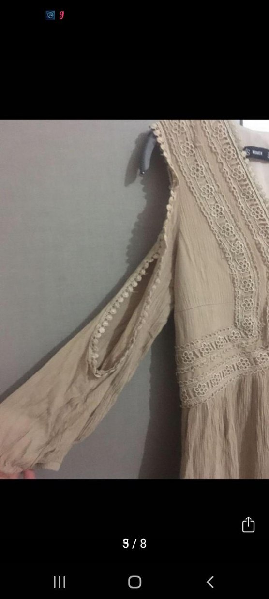 bej nakışlı elbise - Görsel 3