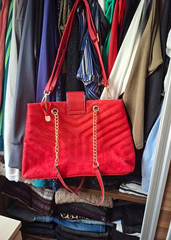 Kırmızı Süet Zincir Detaylı Kadın Çanta - Görsel 2