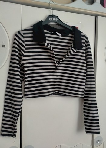 Çizgili Gri Crop Top, Uzun Kollu, Yaka Detaylı