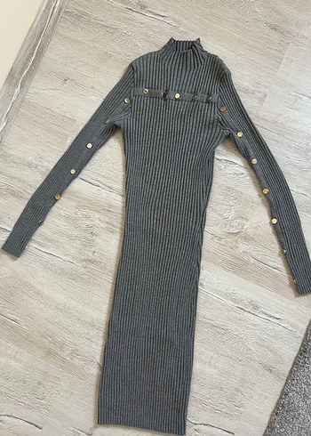 Düğmeli Gri Fitilli Triko Kadın Elbise