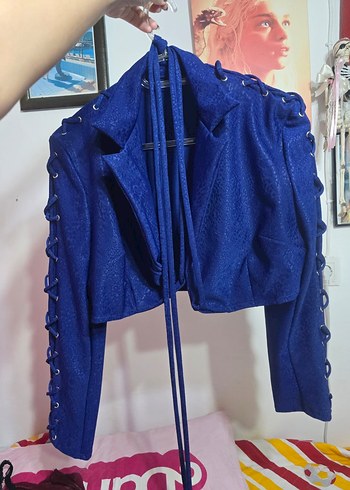 Parlak Mavi Düğmeli Denim Midi Ceket