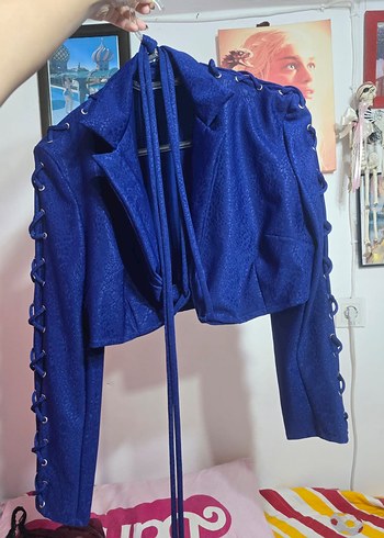 s Beden Parlak Mavi Düğmeli Denim Midi Ceket