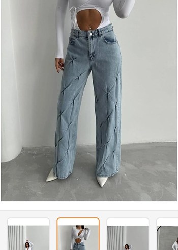 s Beden Gri Bağlama Desenli Bol Kesim Midi Denim Pantolon