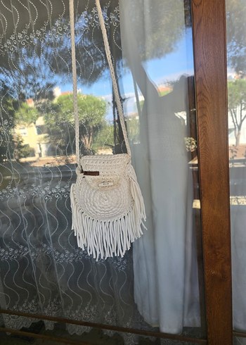 Beden beyaz Renk Püsküllü Beyaz Örgü Bohem Kadın Çanta