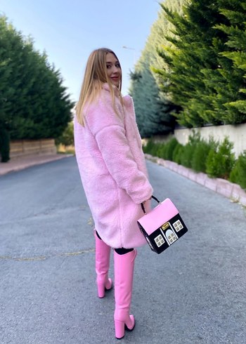 s Beden pembe Renk Pembe Uzun Peluş Kadın Kaban