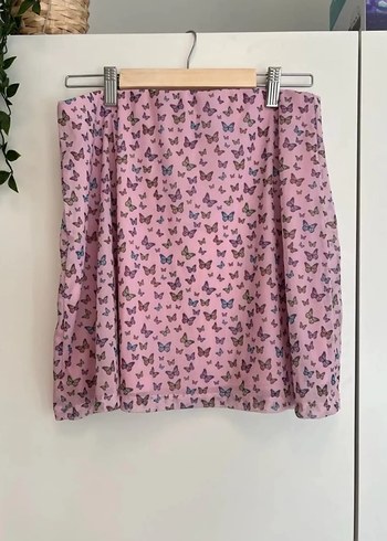 s Beden Pembe Mini Etek Kelebek Desenli