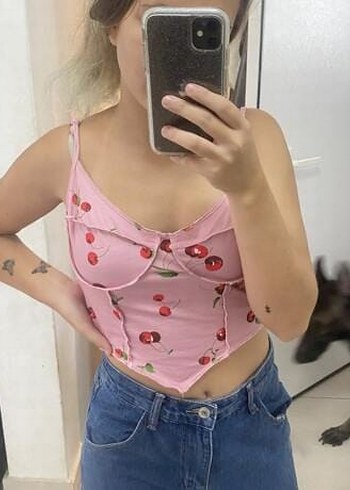 Pembe Baskılı Denim Midi Büstiyer