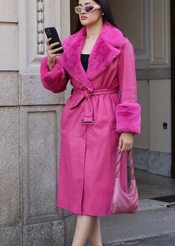 Pembe Kadın Kürklü Uzun Kaban