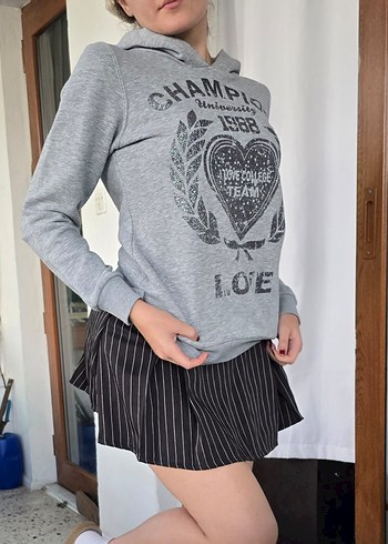 Gri Baskılı Kadın Sweatshirt Kapüşonlu