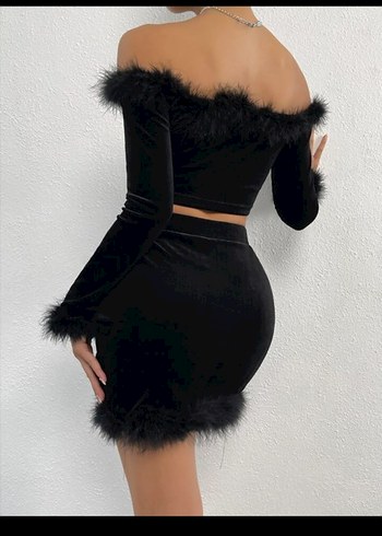 Kürk Detaylı Siyah Mini Straplez Elbise - Görsel 2