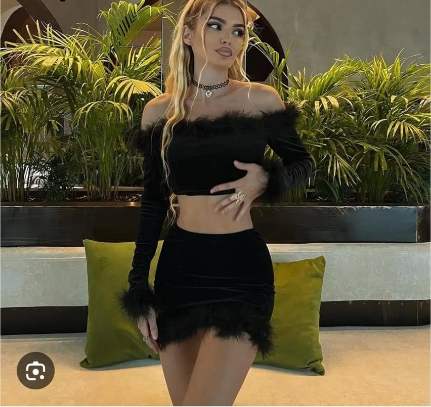 Kürk Detaylı Siyah Mini Straplez Elbise - Görsel 4