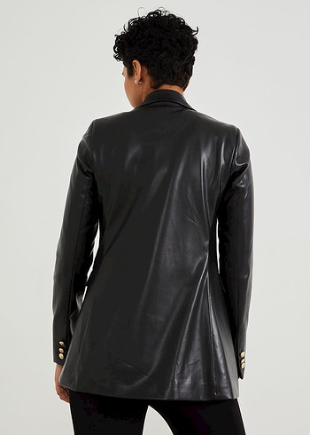 Düğmeli Siyah Deri Kadın Ceket - Görsel 14