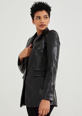 Düğmeli Siyah Deri Kadın Ceket - Görsel 12