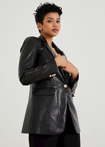 Düğmeli Siyah Deri Kadın Ceket - Görsel 11