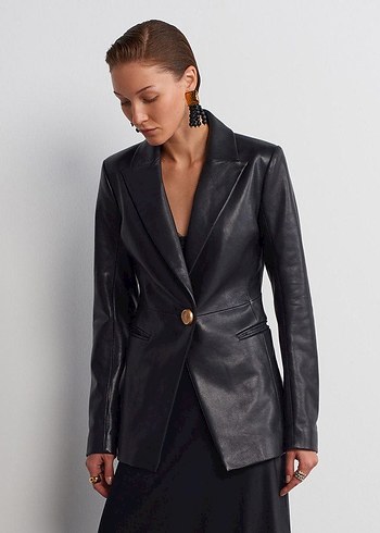 Düğmeli Siyah Deri Kadın Ceket - Görsel 13