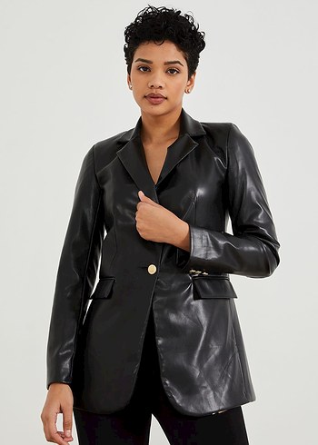 Düğmeli Siyah Deri Kadın Ceket - Görsel 10
