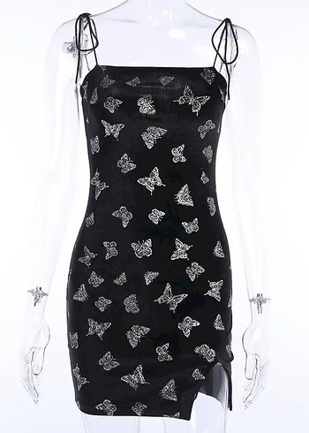 Drapeli Siyah Mini Strappy Elbise - Görsel 4