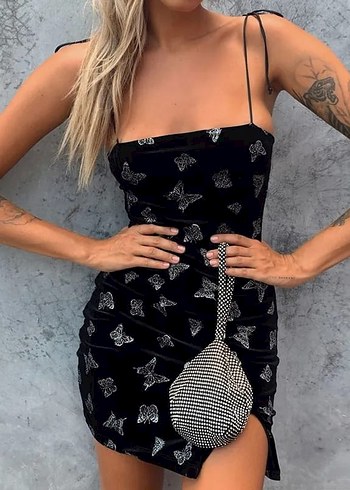 Drapeli Siyah Mini Strappy Elbise - Görsel 8