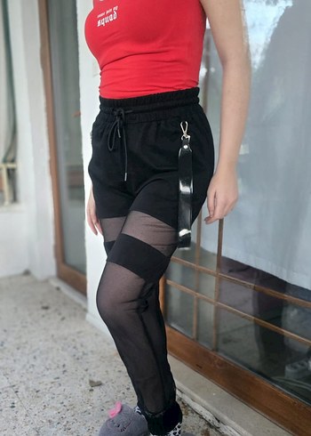 Kadın Siyah Transparan Detaylı Spor Pantolon - Görsel 6