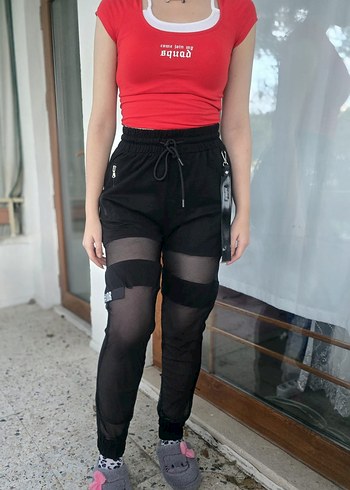 Kadın Siyah Transparan Detaylı Spor Pantolon - Görsel 3