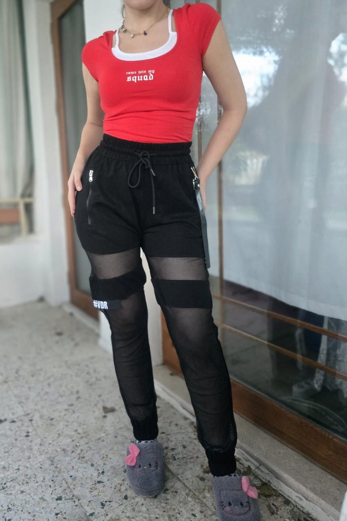 Kadın Siyah Transparan Detaylı Spor Pantolon - Görsel 4