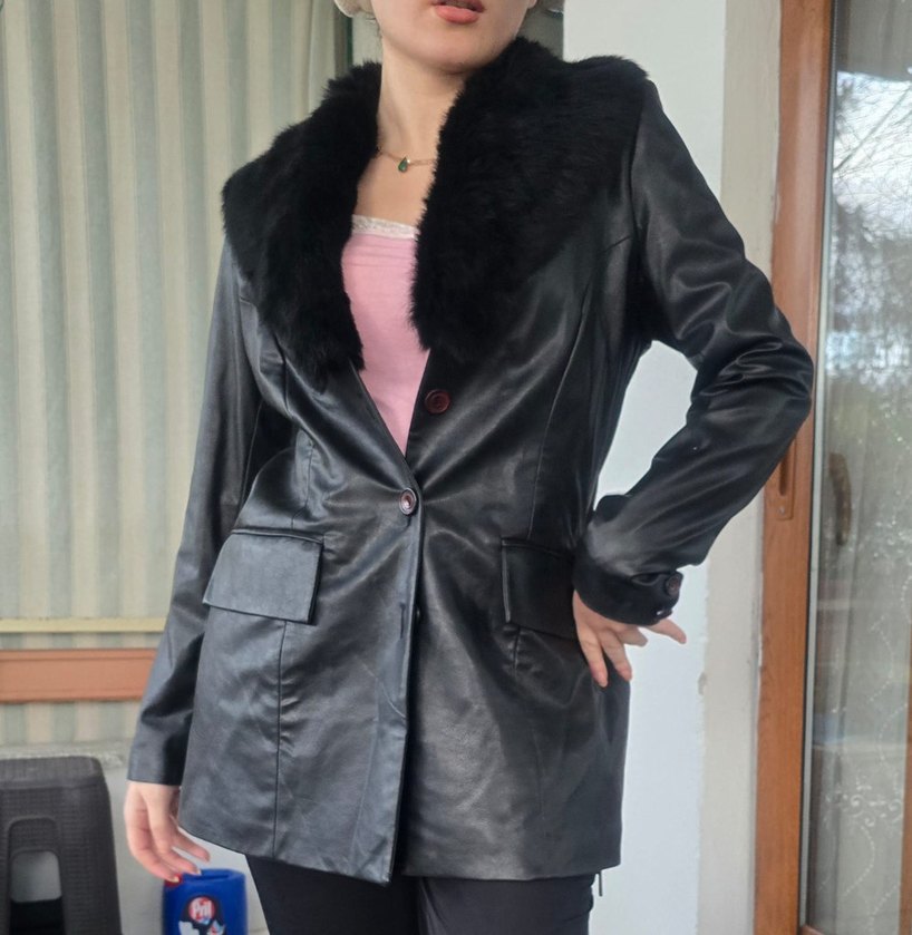 Kürk Detaylı Siyah Deri Kadın Ceket - Görsel 5