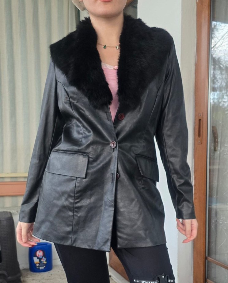 Kürk Detaylı Siyah Deri Kadın Ceket - Görsel 4