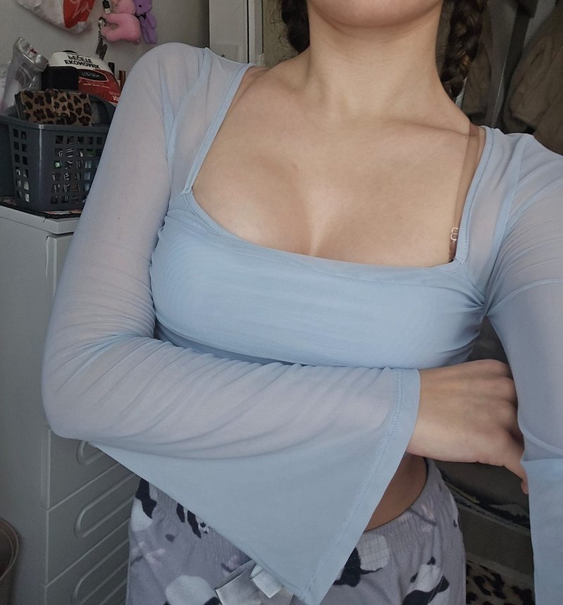 Gri V Yaka Transparan Crop Top - Görsel 3