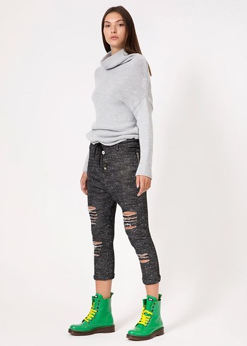 Kadın Gri Örgü Yırtık Boyfriend Pantolon - Görsel 5