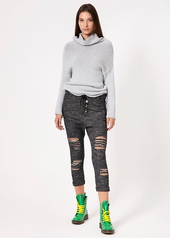 Kadın Gri Örgü Yırtık Boyfriend Pantolon - Görsel 3