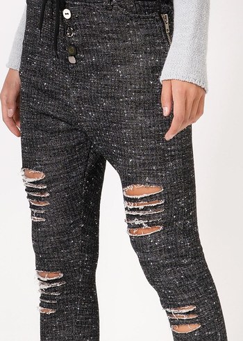 Kadın Gri Örgü Yırtık Boyfriend Pantolon - Görsel 4