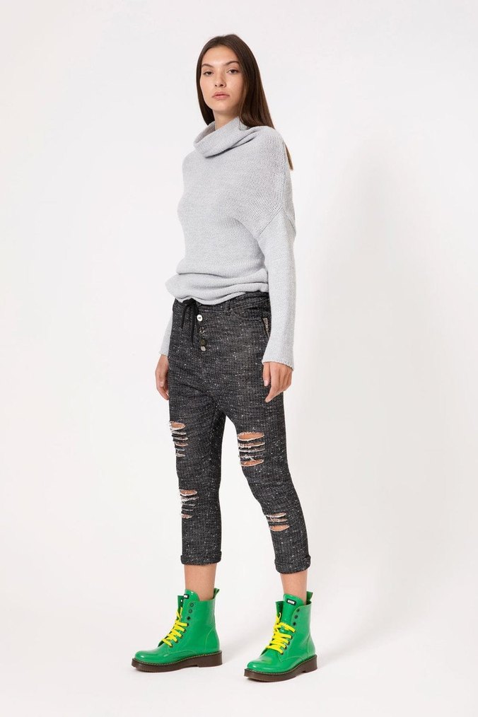 Kadın Gri Örgü Yırtık Boyfriend Pantolon - Görsel 5