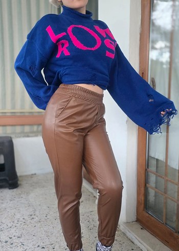 Kadın Kahverengi Deri Salaş Pantolon - Görsel 4