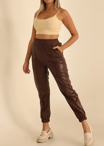 Kadın Kahverengi Deri Salaş Pantolon - Görsel 5