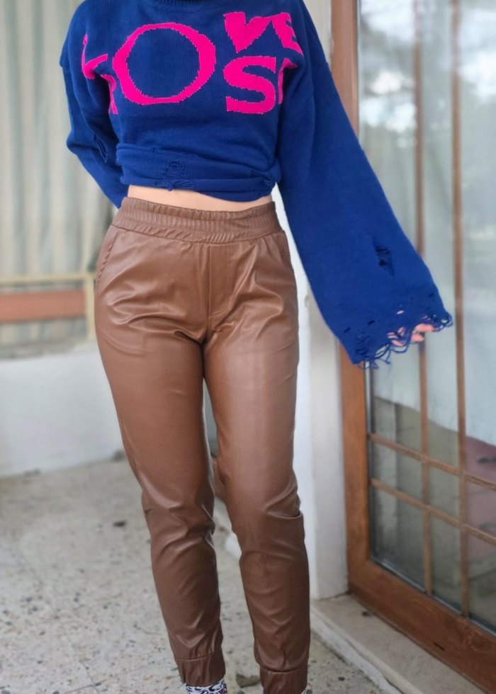 Kadın Kahverengi Deri Salaş Pantolon - Görsel 3