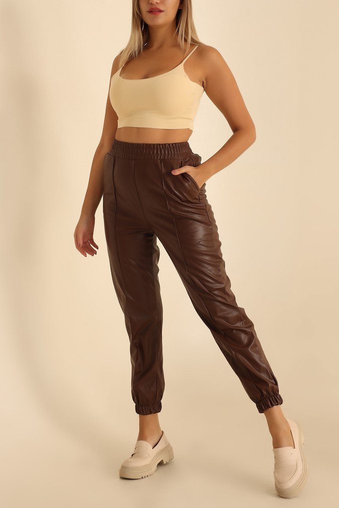 Kadın Kahverengi Deri Salaş Pantolon - Görsel 5